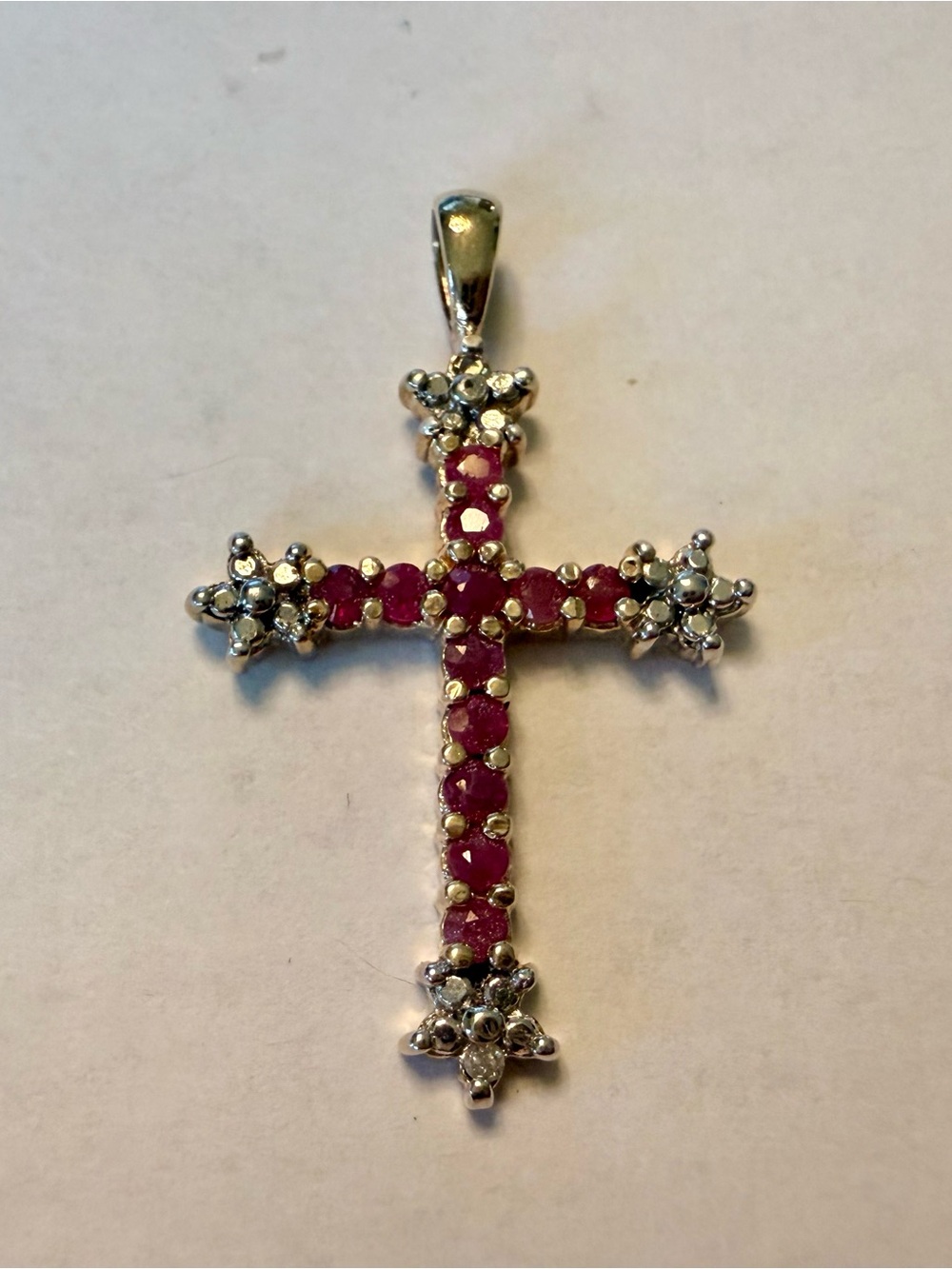 Sterling Silver Cross Pendant with Red Ruby Accents